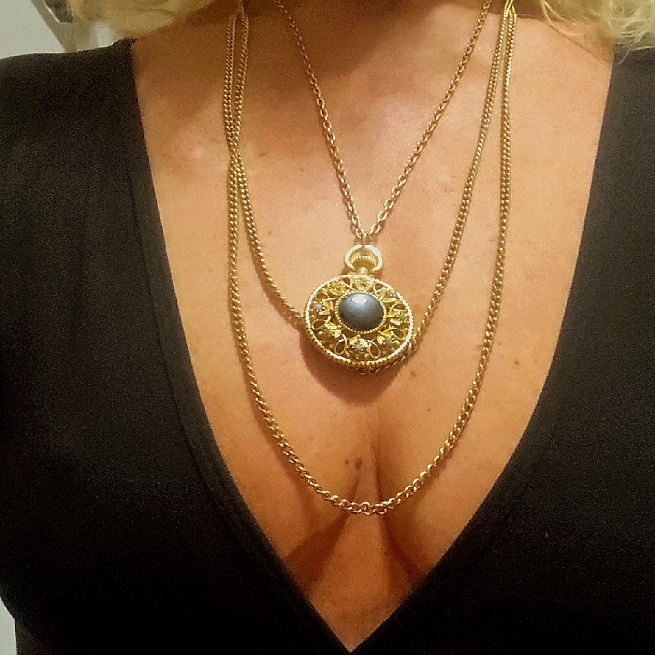 Gold Pendant Necklace With Blue And Black Stones 18$